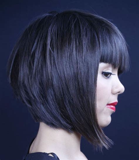 A line bob with bangs - Asymmetrical Bob. The Cut: "The asymmetrical bob is a cut that features one side of the hair is longer than the other," Earnshaw says. "Usually, one side will be jaw length and one side will be ...